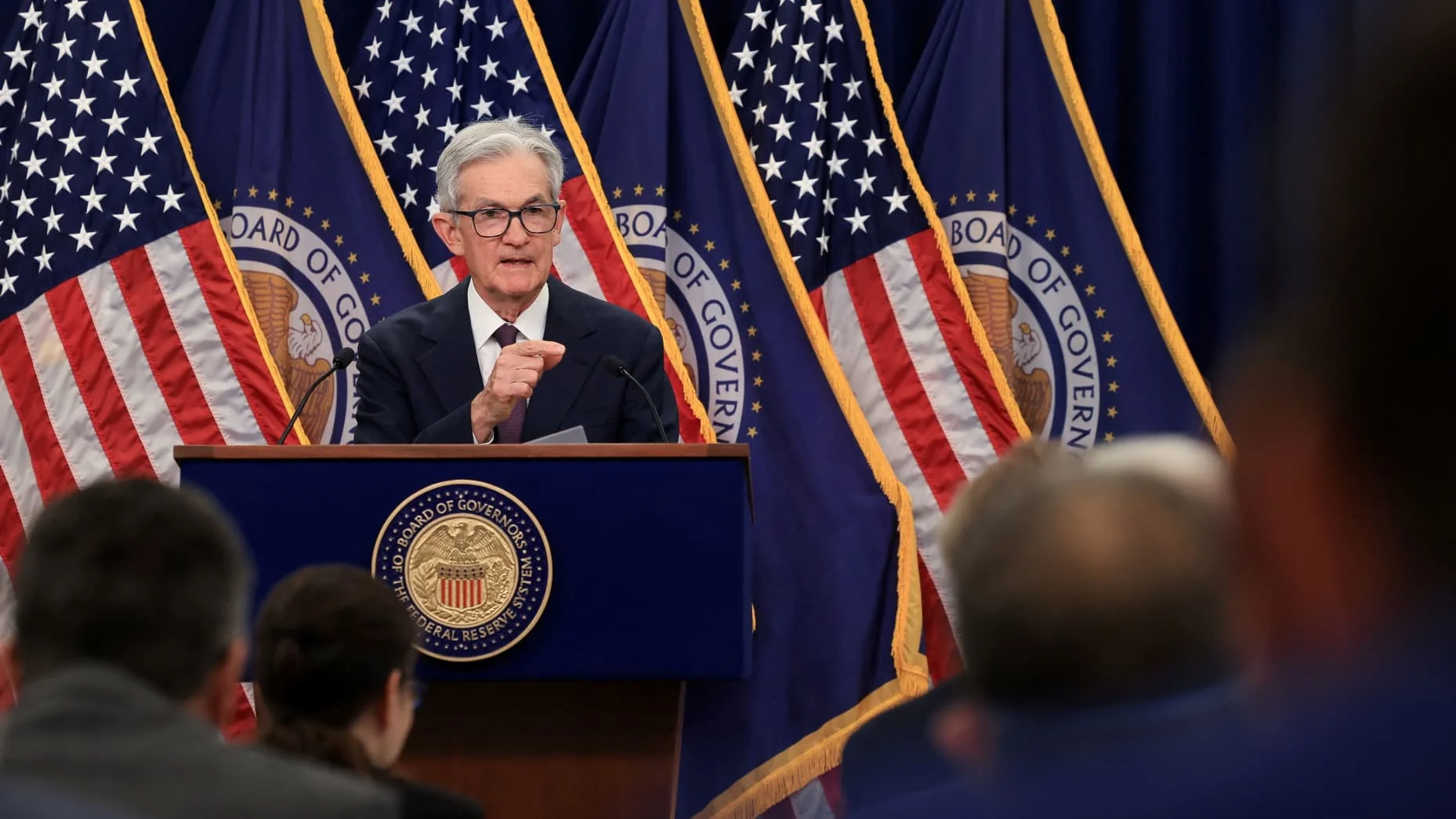 U.S. Federal Reserve Chair Jerome Powell attends a press conference following the issuance of the Federal Open Market Committee\